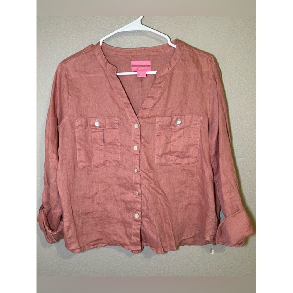 Isaac Mizrahi Pink 100% Linen Button Down Blouse Pockets Women’s Size Small